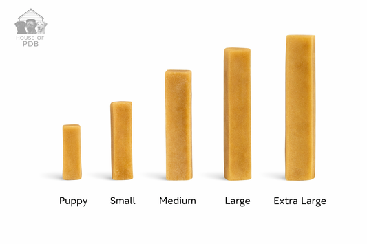 Set of five Plain Yak bar dog chews in different sizes with labels on a white background.