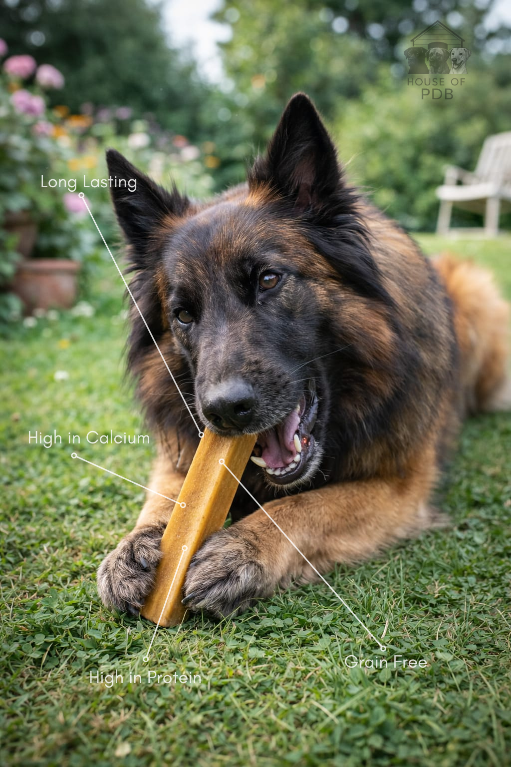 Dog chewing on a plain yak dog chew treat in a garden setting