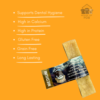 Plain Yak dog chew with nutritional information on an orange background, featuring the 'House of PDB' brand.