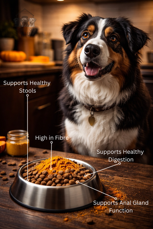 Dog with a bowl of pet food on a wooden table with pumpkin powder supplement sprinkled on top highlighting benefits like healthy stools and digestion.