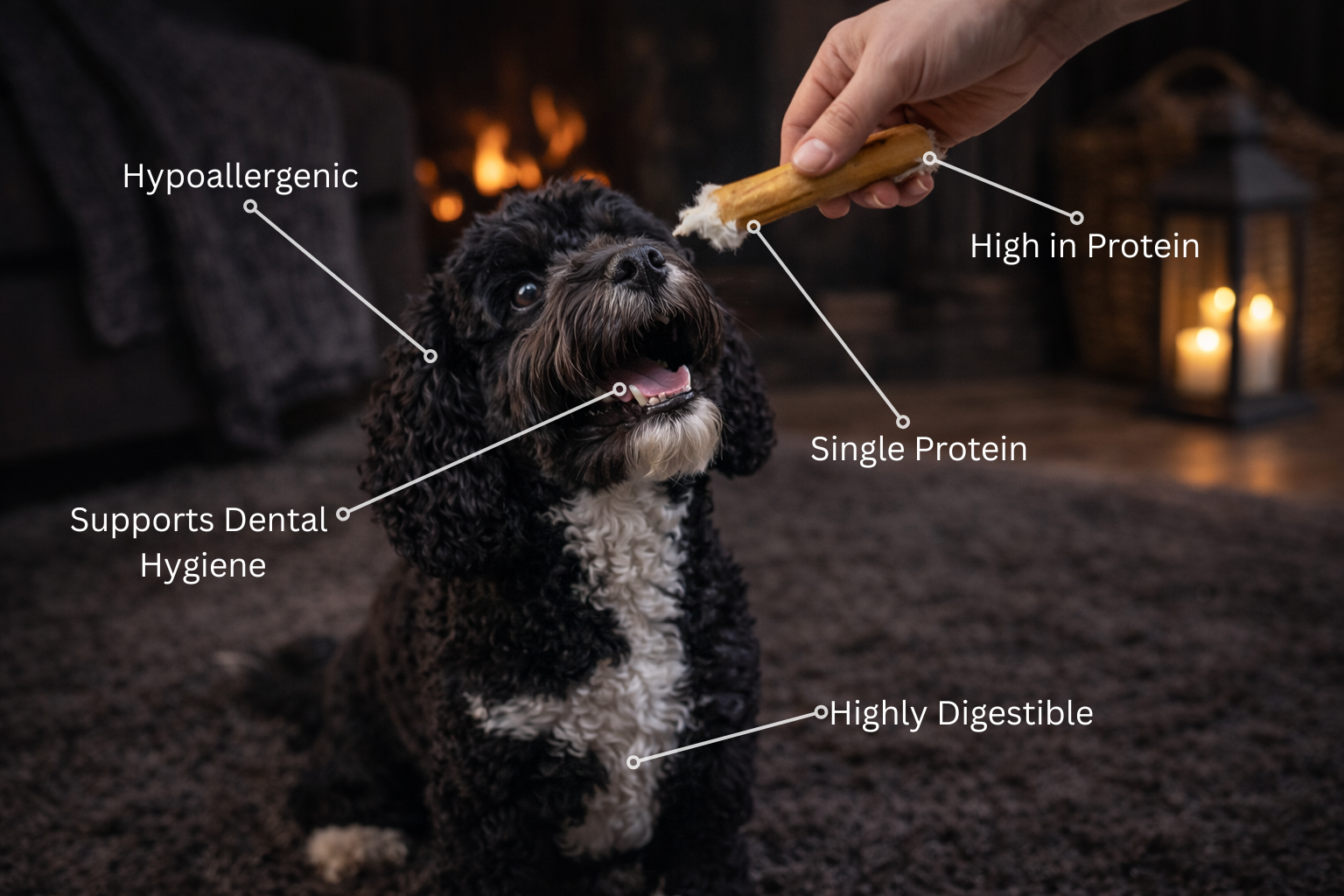 Dog being given a natural rabbit skin roll dog chew treat with nutritional benefits highlighted, in a cozy indoor setting.
