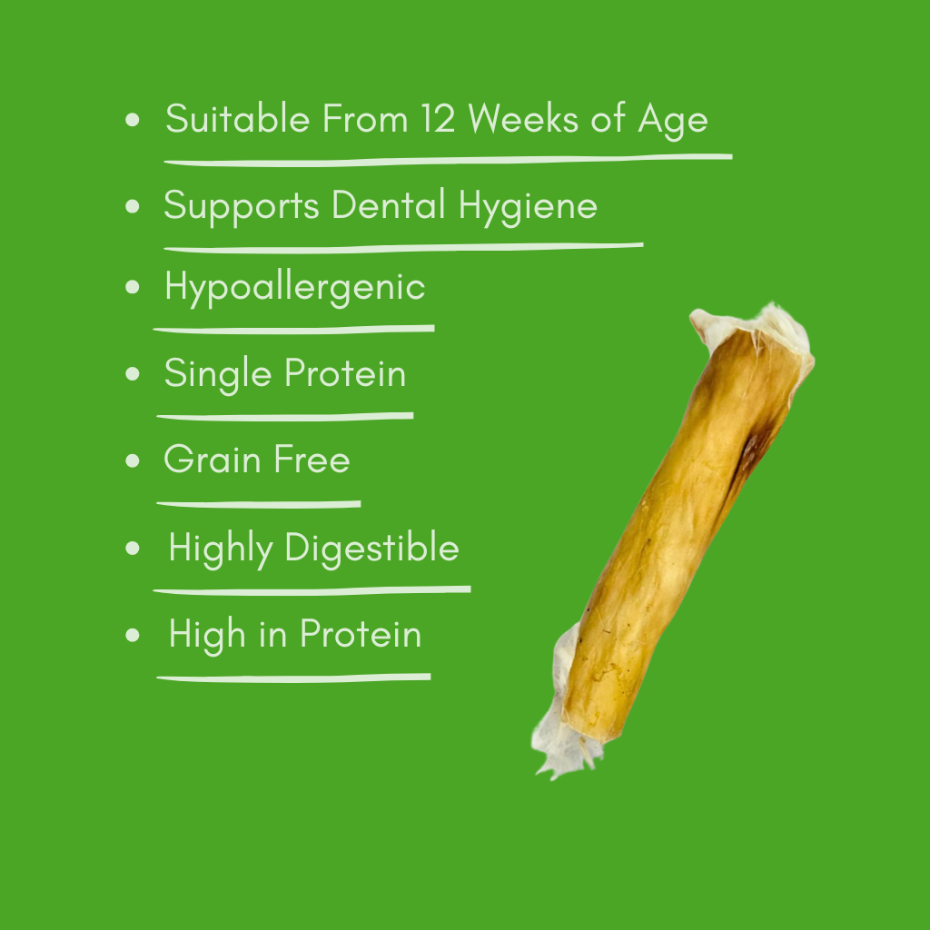 Natural rabbit skin rolls dog chew treat on a green background with text highlighting its benefits