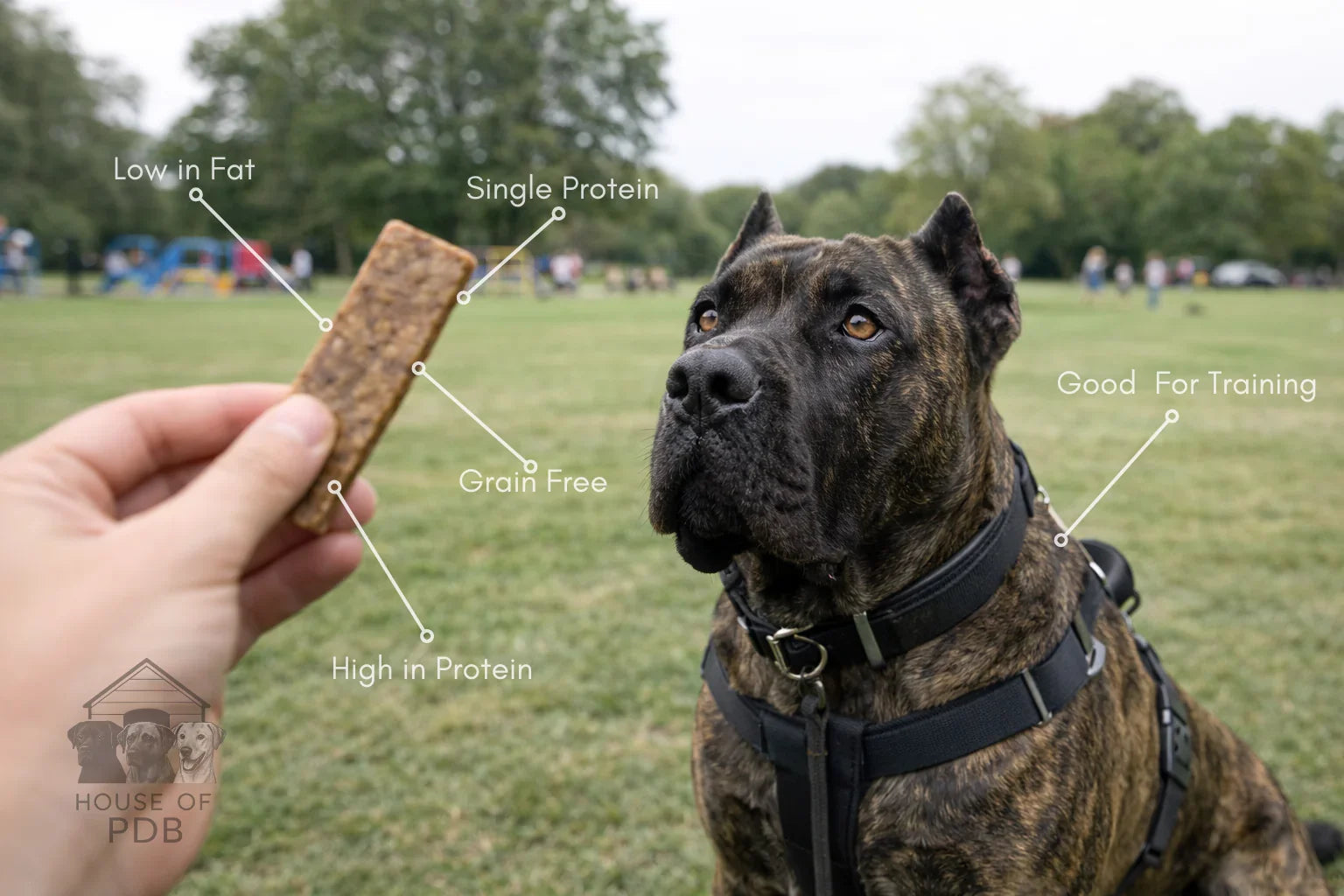 Dog sitting outdoors with a treat held by a hand, labeled for nutritional benefits.
