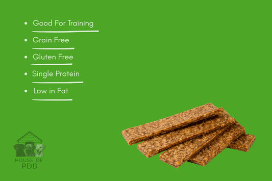 Dog treat sticks on a green background with text highlighting benefits and 'House of PDB' branding.