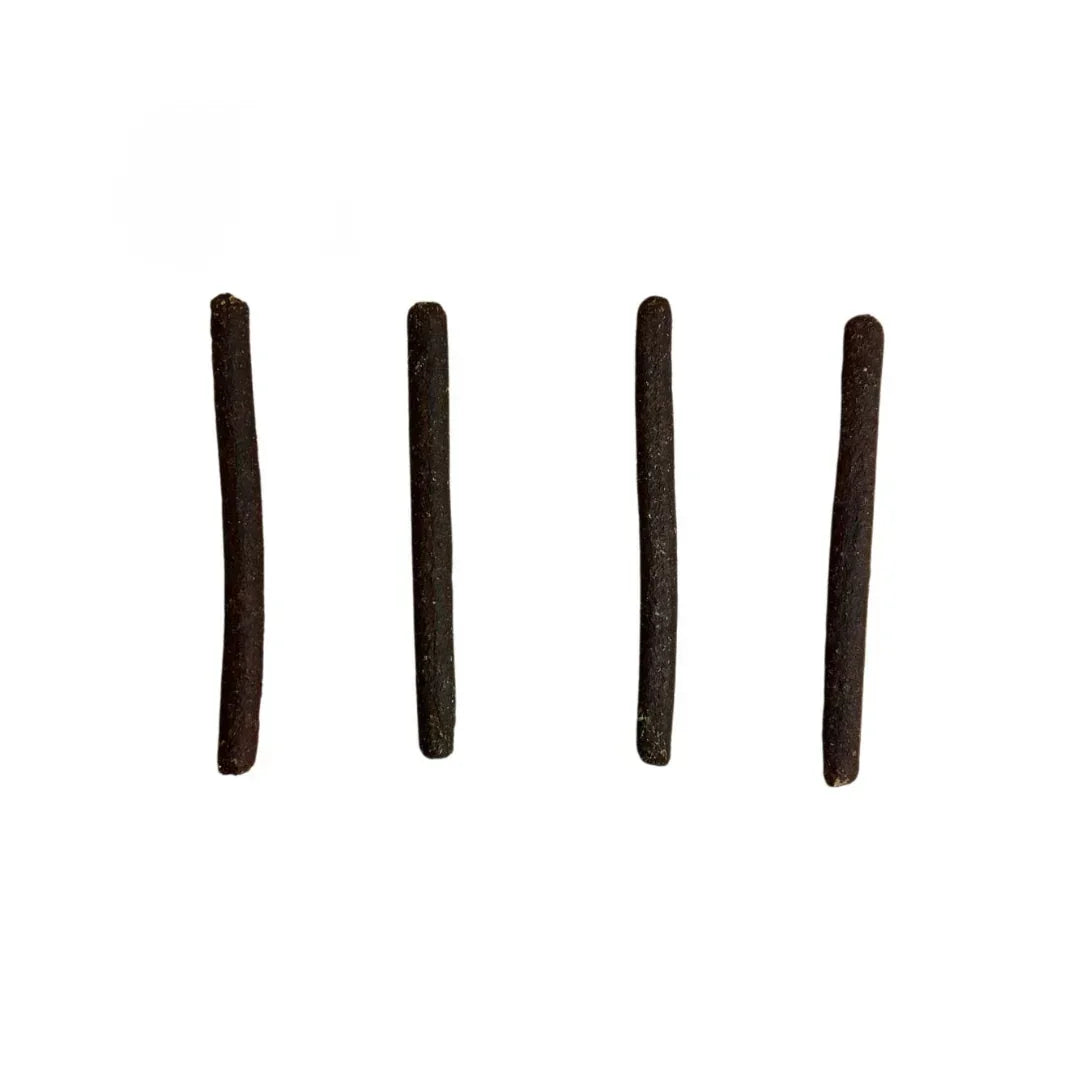 Four natural rabbit meaty sticks dog treats on white background, House Of PDB