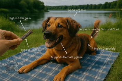 Dog on blue blanket outdoors near lake with hand holding high protein, omega-3 salmon skin strips