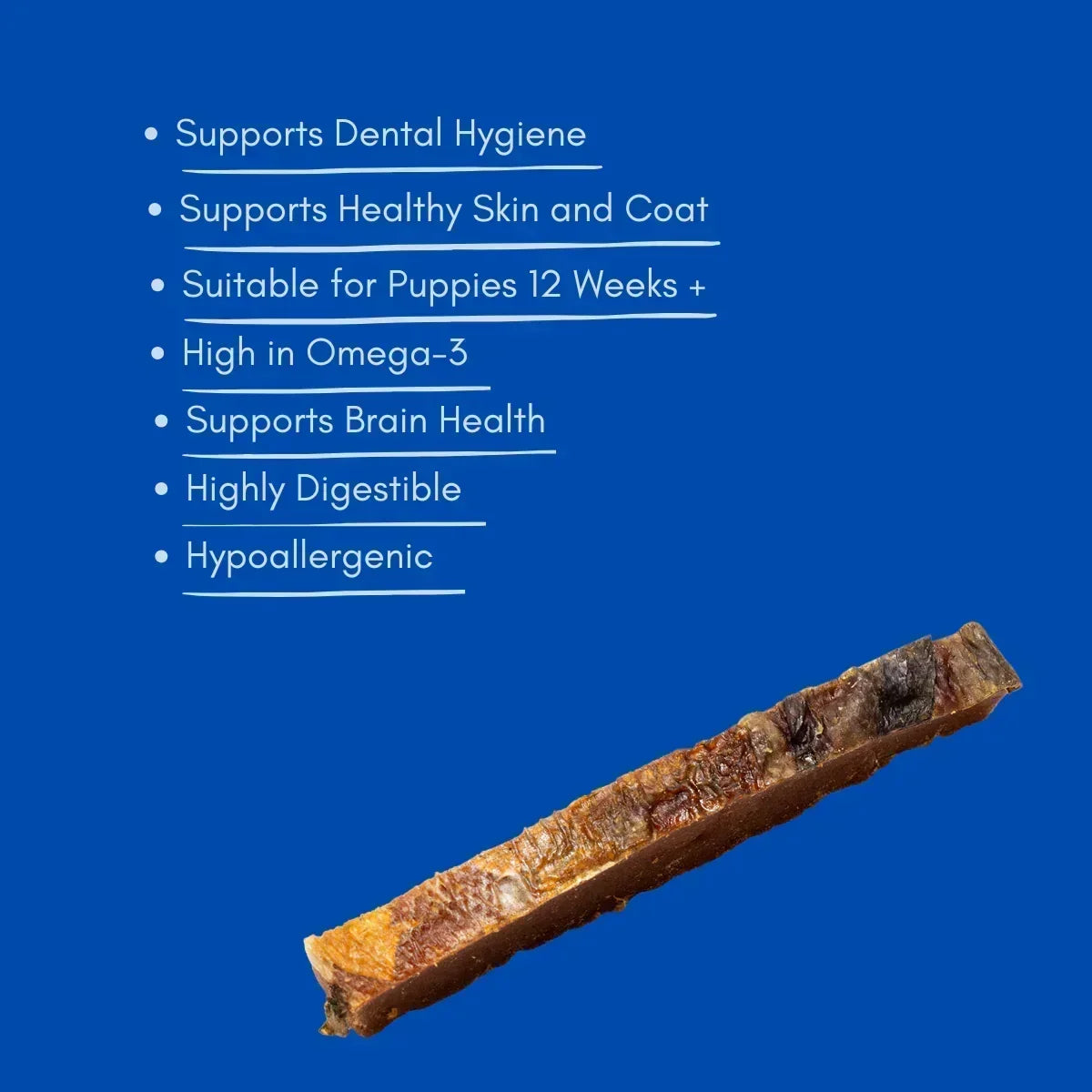Natural salmon skin strip dog treat on blue background with product benefits listed