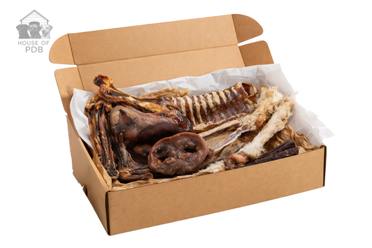 Small natural variety dog chew box showcasing everything inside
