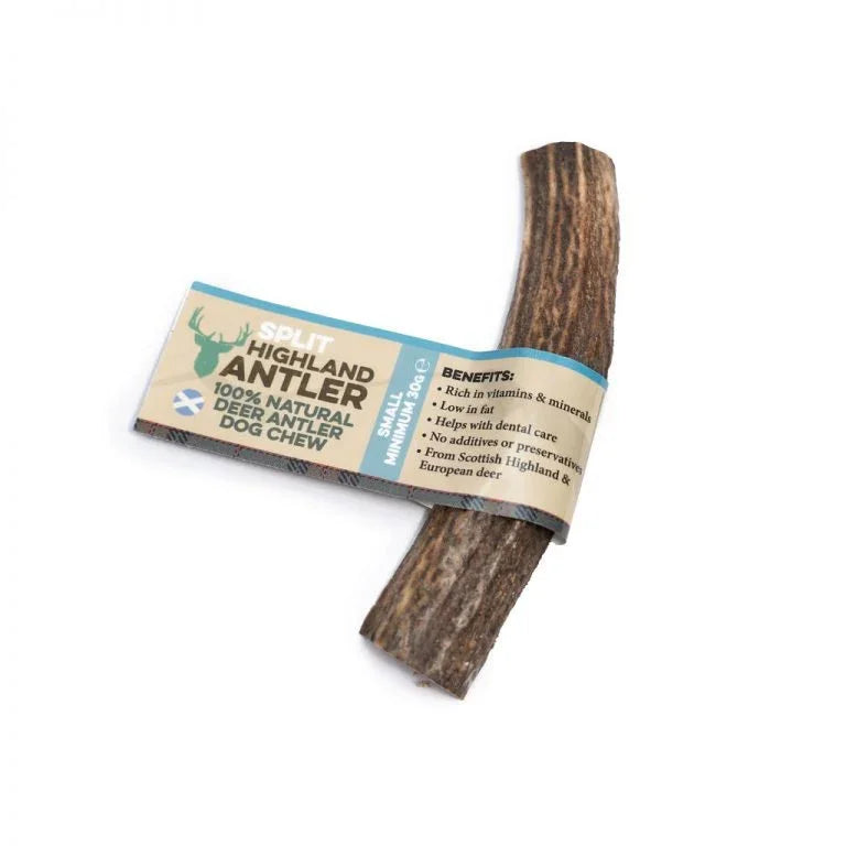 Natural small split antler dog chew with label highlighting benefits and Scottish origin