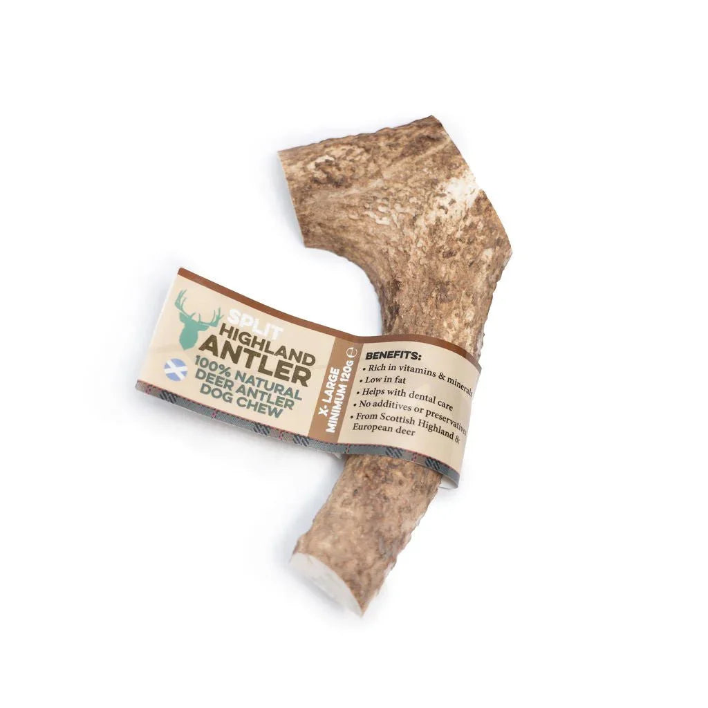Extra Large split highland antler dog chew labeled 100% natural deer antler X-large size on white background