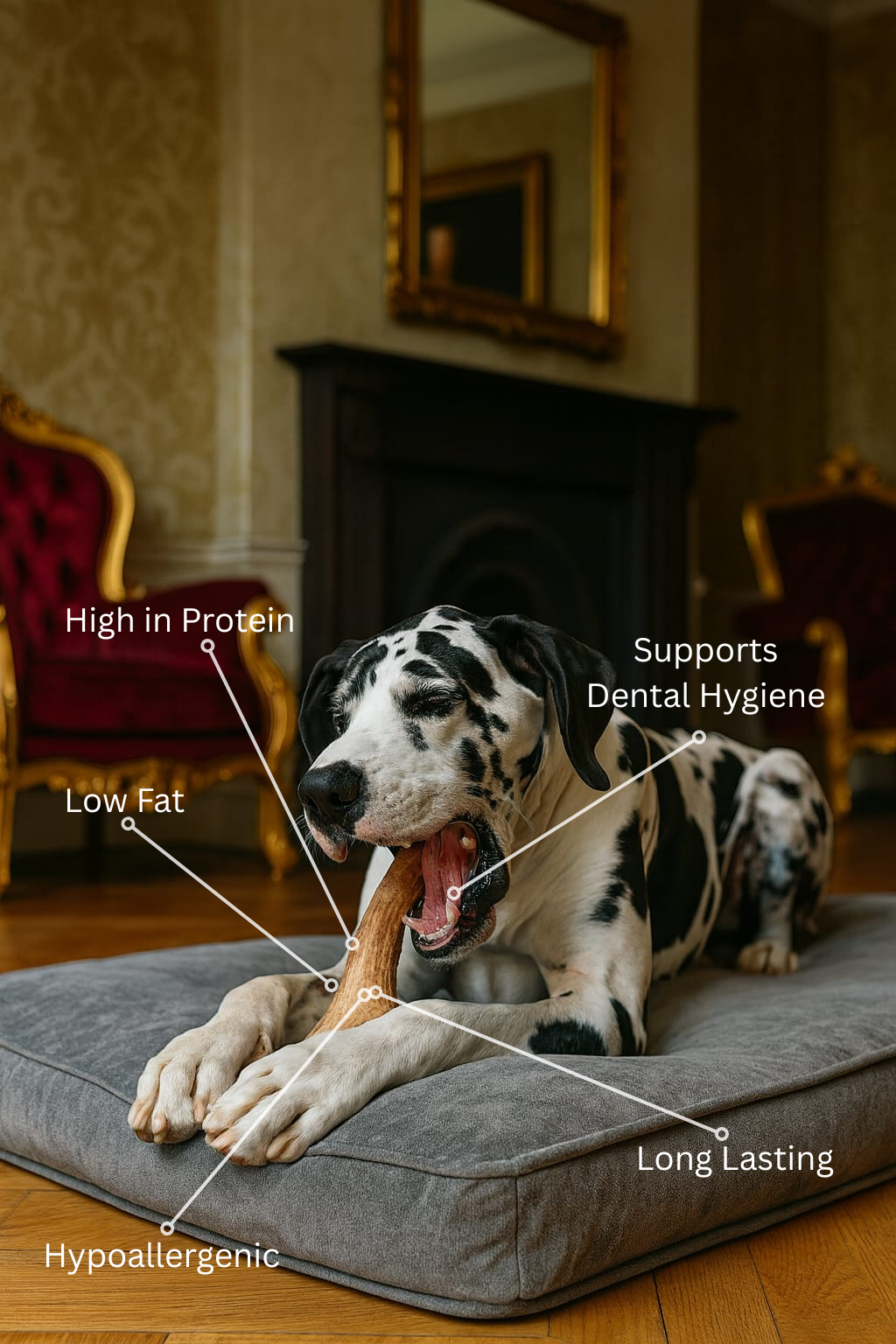 Dog chewing on a natural extra large split antler with text labels about the bone's benefits in a home setting.