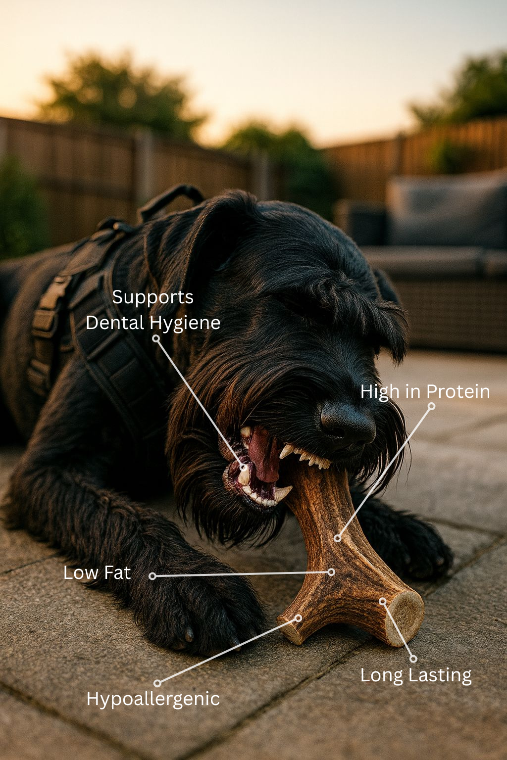 Dog chewing on a natural large split antler dog chew with text highlighting benefits, set outdoors.