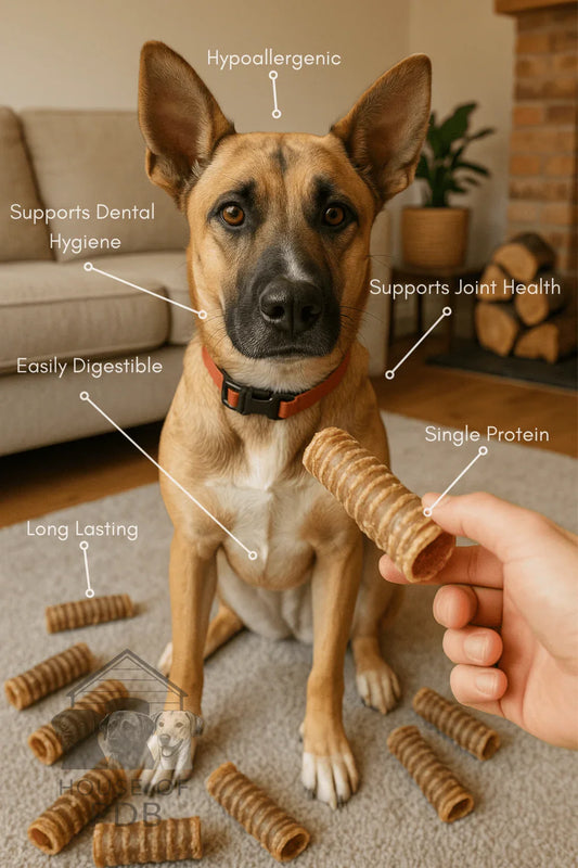 Dog with brown and black fur sitting indoors surrounded by dog treats, hand holding treat, text highlighting hypoallergenic, dental hygiene, joint health