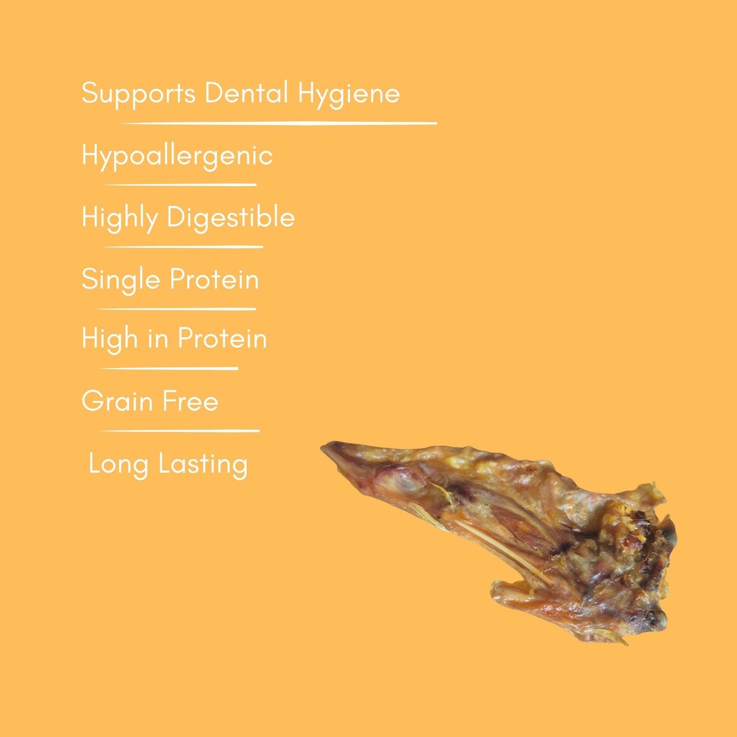 A single natural air dried turkey wing chew for dogs on a solid warm orange background, with white text listing product benefits such as supports dental hygiene, hypoallergenic, highly digestible, single protein, high in protein, grain free, and long lasting.