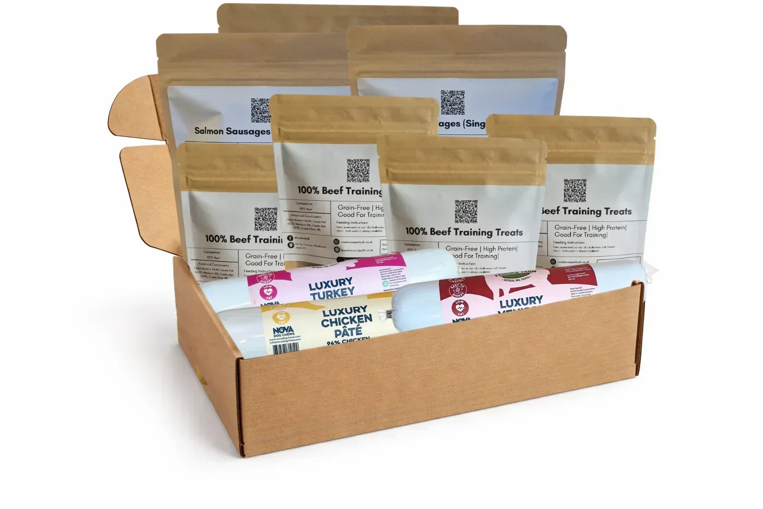 House Of PDB natural dog treats bundle with beef, chicken, turkey, and salmon in box
