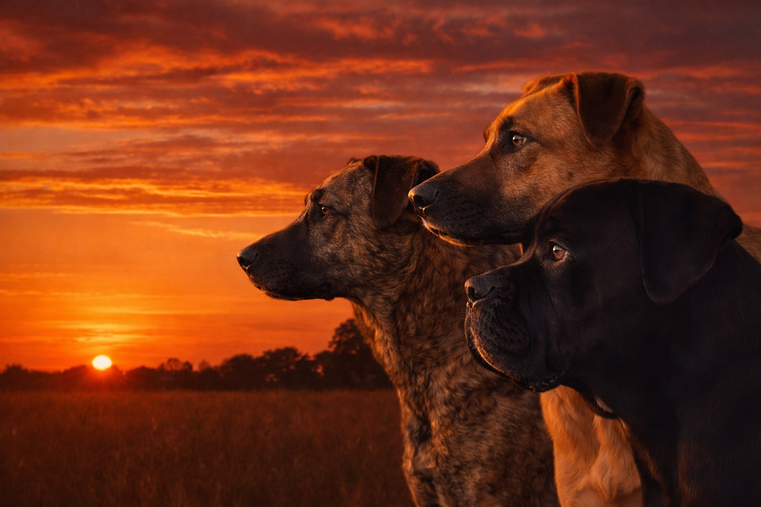 Three dogs standing close together against a vibrant sunset sky.