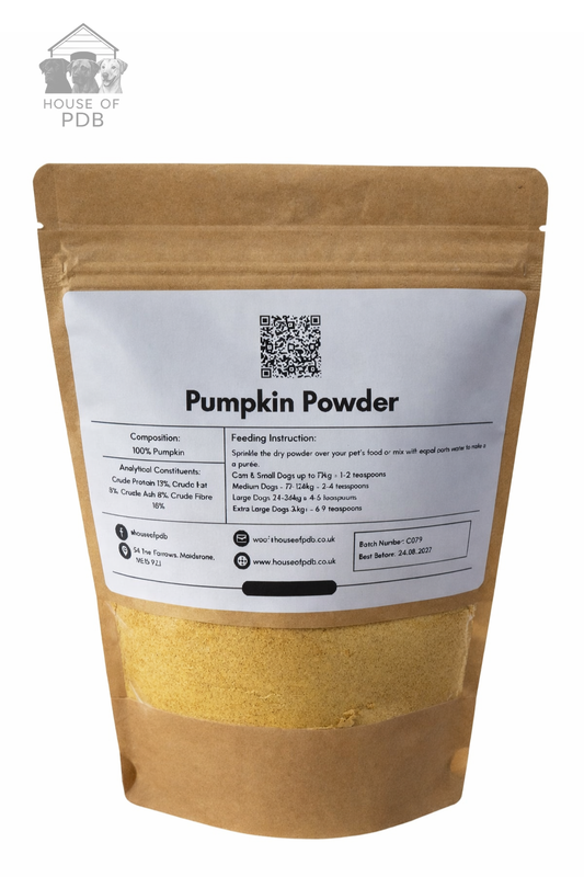 Natural Pumpkin powder supplement for dogs and cats with house of PDB branding and logo