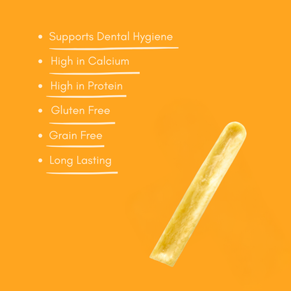 Natural puppy yak snack bar dog chew with list of benefits on an orange background 