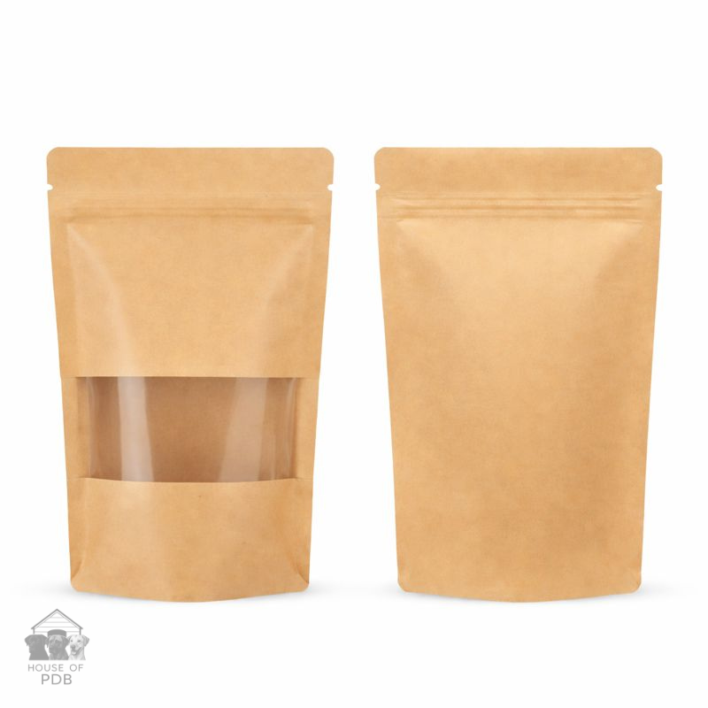 Front and back view of a zip lock kraft paper stand up pouch 