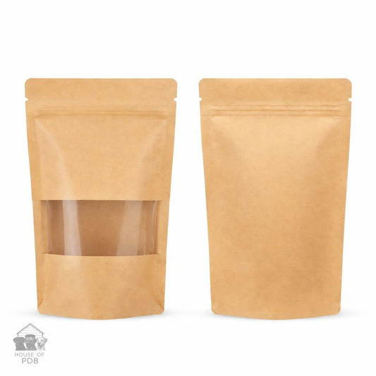 Front and back view of a zip lock kraft paper stand up pouch 
