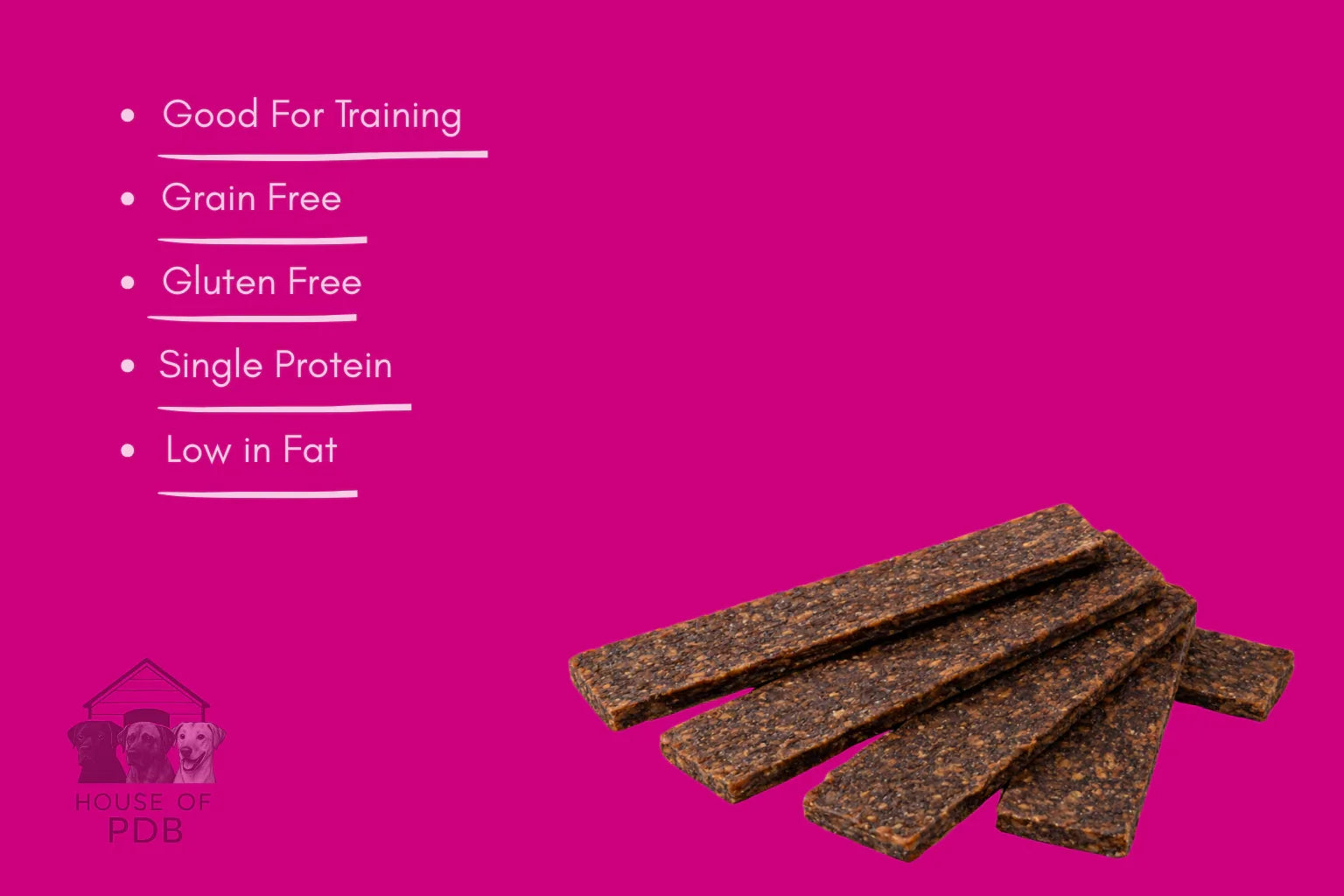 Dog treat bars on a pink background with text highlighting benefits