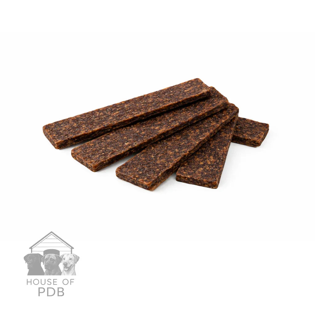 Five brown dog treats stacked on a white background with 'House of PDB' logo.