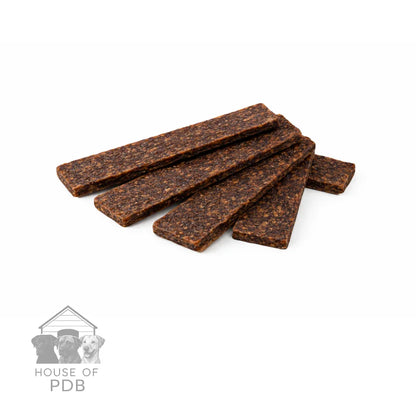 Five brown dog treats stacked on a white background with 'House of PDB' logo.