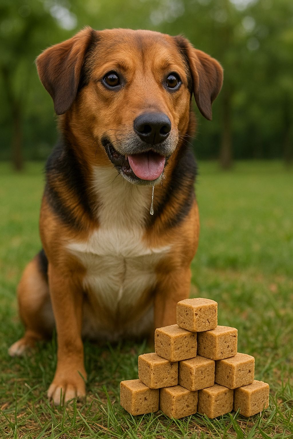Dog sitting next to a pyramid of dog treats on grass