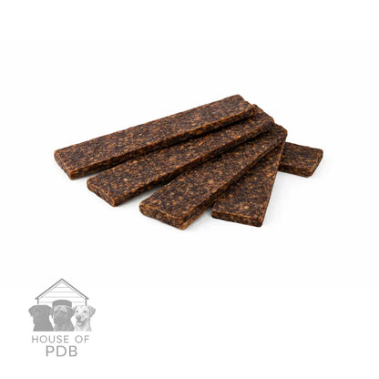 Stack of brown dog treats on a white background with 'House of PDB' logo.