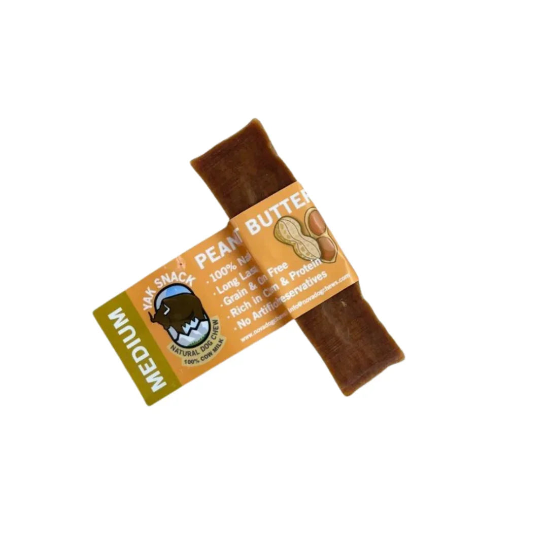 Medium yak peanut butter dog chew, natural treat from House Of PDB, label visible