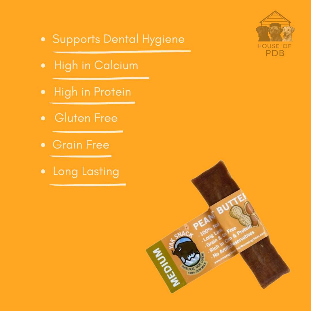 Peanut Butter medium yak bar dog chew  with nutritional benefits listed on an orange background