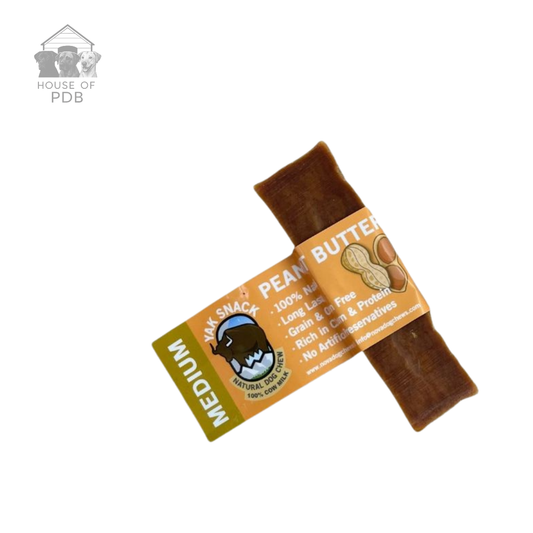 Peanut butter medium Yak bar dog chewwith packaging on a white background