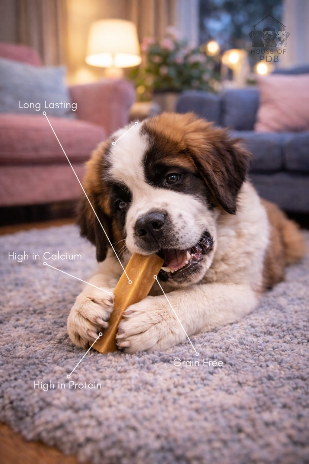 Saint Bernard puppy chewing on a medium peanut butter flavoured yak bar in a living room.