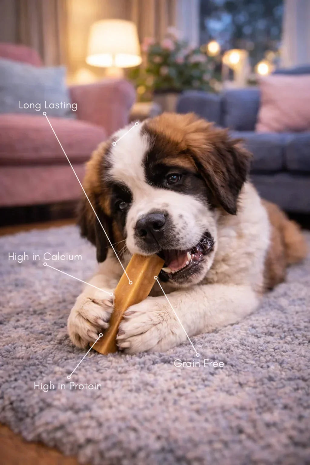 Saint Bernard puppy chewing Yak Peanut Butter dog treat on a rug, labeled long lasting, high in calcium, high in protein, grain free.