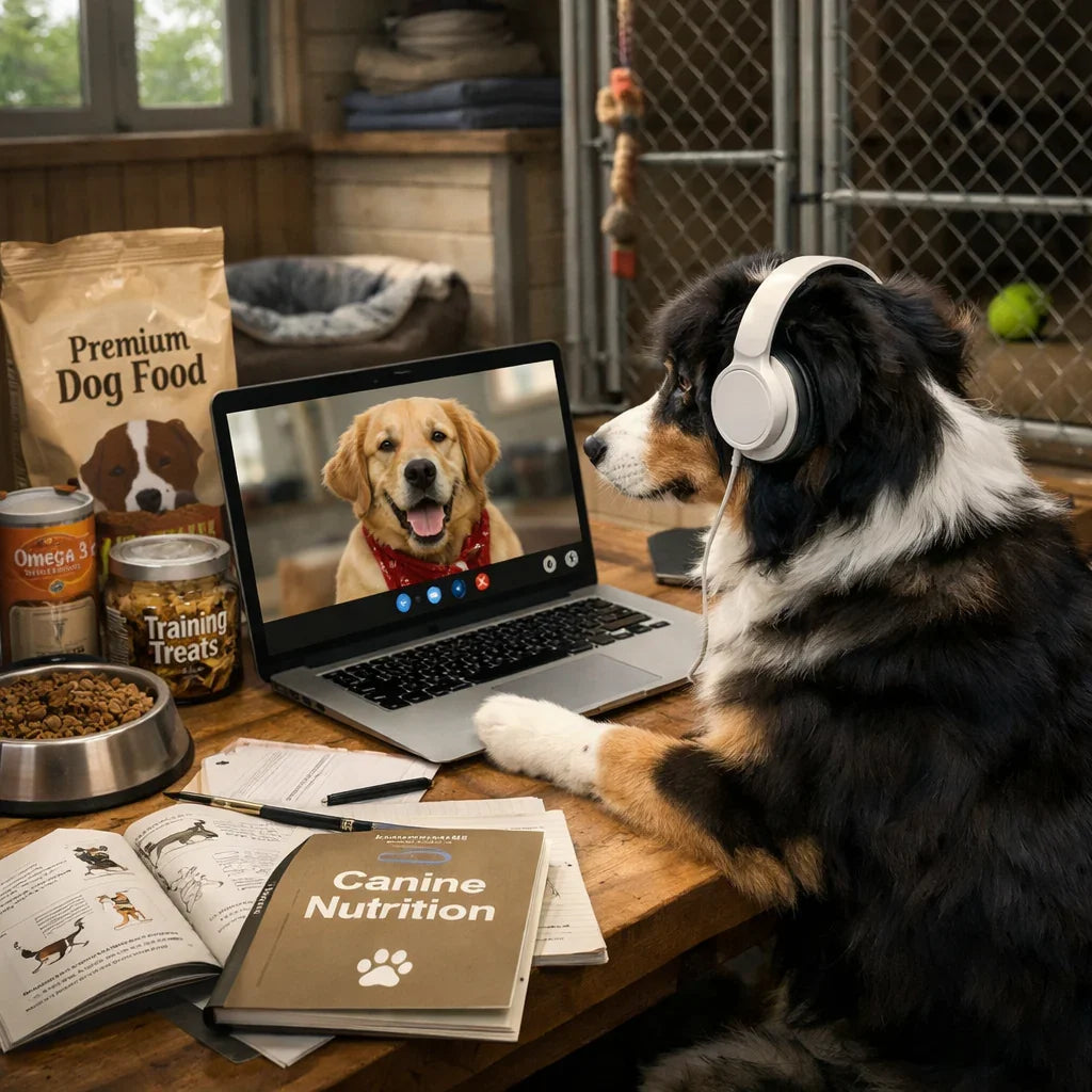 Dog wearing headphones looking at a laptop with a dog on screen, surrounded by pet care products.