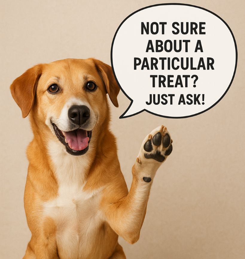 Dog with paw raised, speech bubble with text 'Not sure about a particular treat? Just ask!' on beige background
