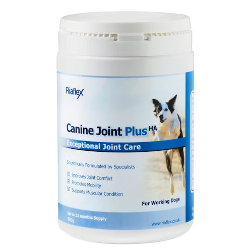 Rialflex Canine Joint Plus HA supplement container with a dog on the label