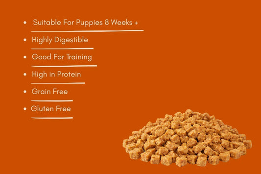 Pile of natural dog training treats with benefits listed on orange background, House Of PDB