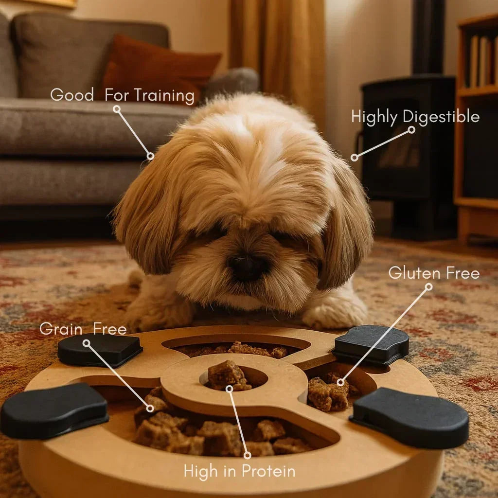 Small dog using interactive treat puzzle with grain free, high protein, natural dog treats.