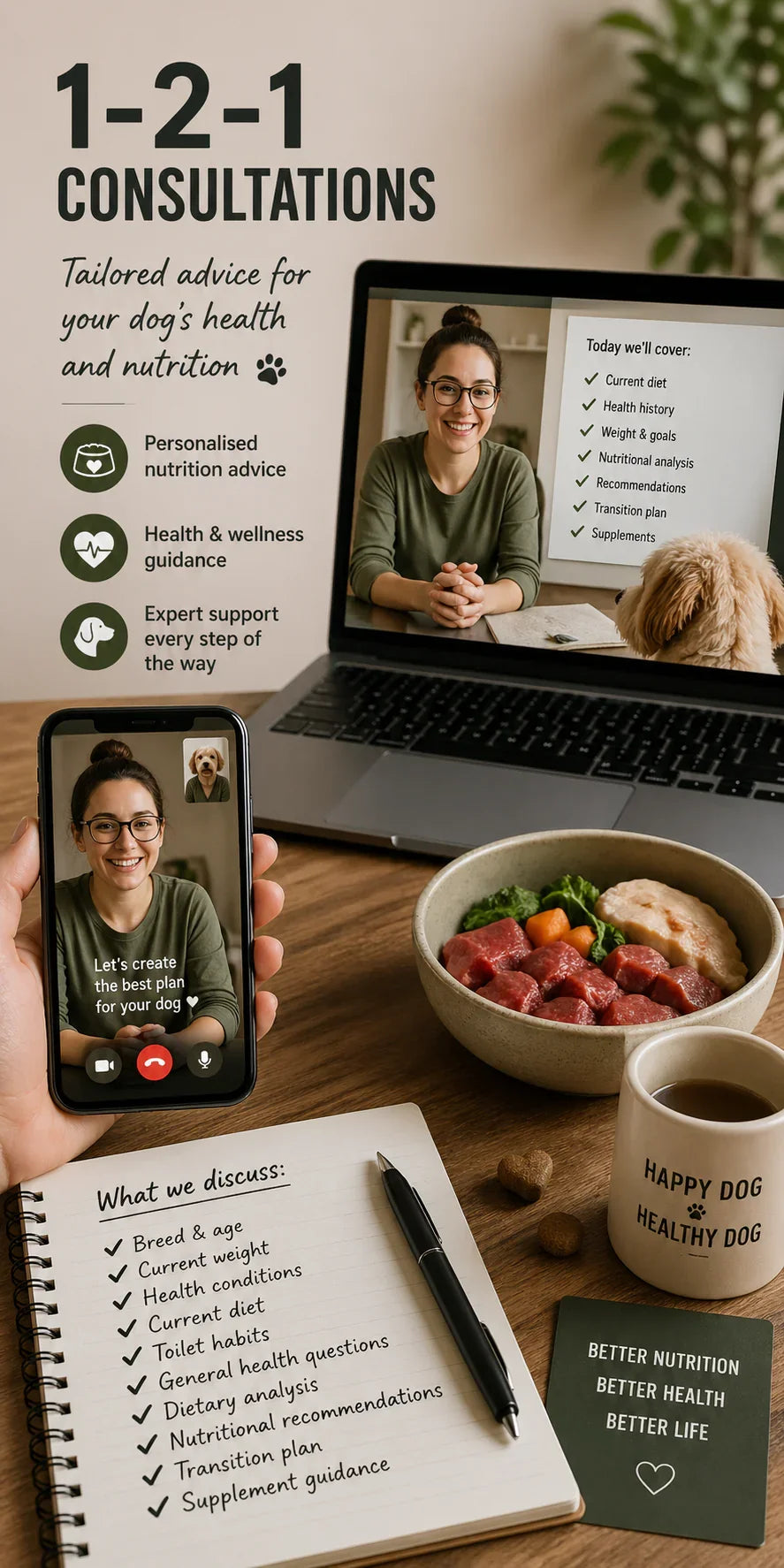 Person holding a phone with a video call to a nutritionist, laptop, notebook, and dog food bowl on a table.