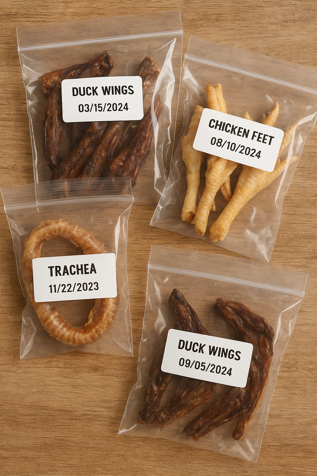 Four clear plastic bags with animal treats and labeled dates on a wooden surface