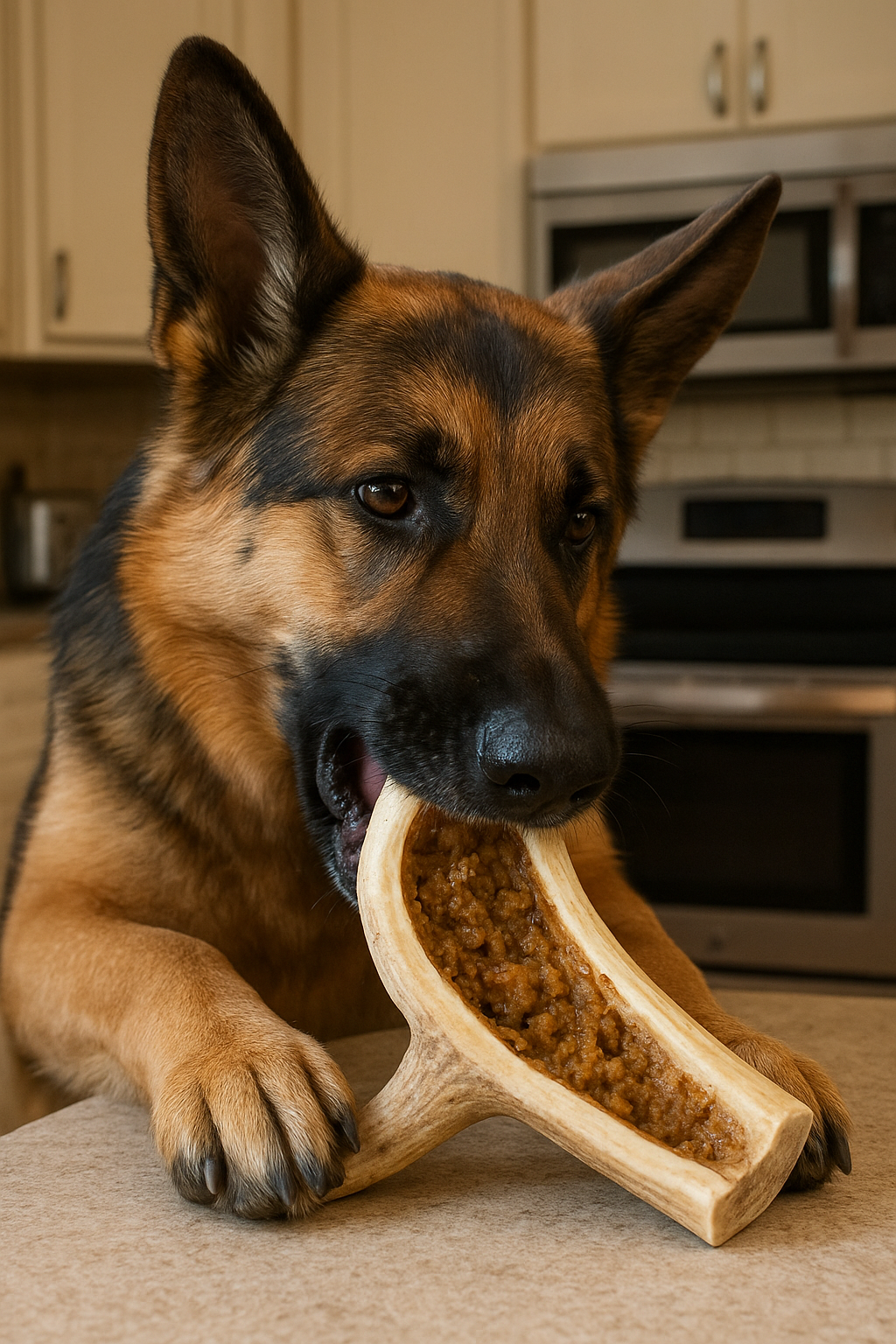 Dog chewing on a bone-shaped treat in a kitchen setting