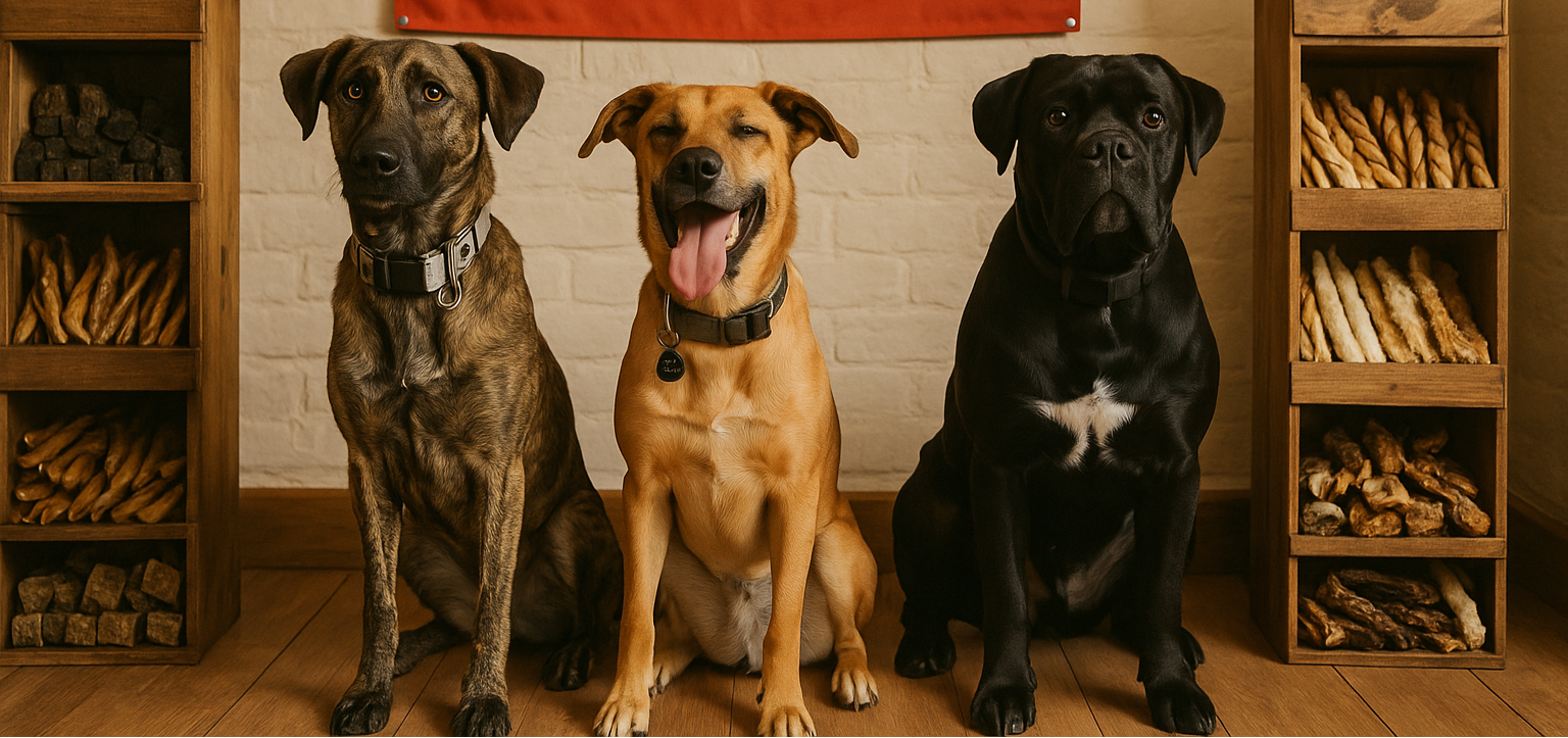 Three dogs sitting together in a room with wooden shelves filled with bones.