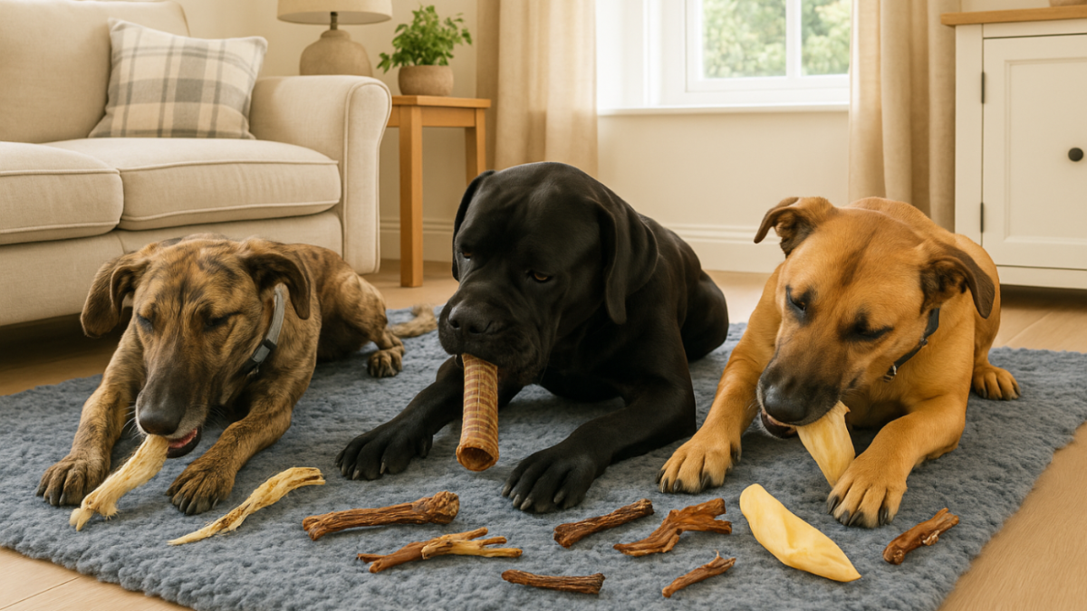 Three dogs playing with dog treats on a blue rug in a living room.