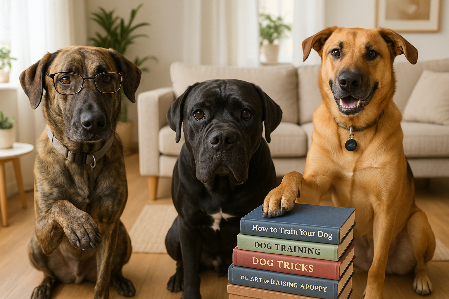 Three dogs sitting behind a stack of books on a wooden floor in a living room.
