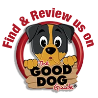 Logo of The Good Dog Guide with a cartoon dog and text 'Find & Review us on The Good Dog Guide'.