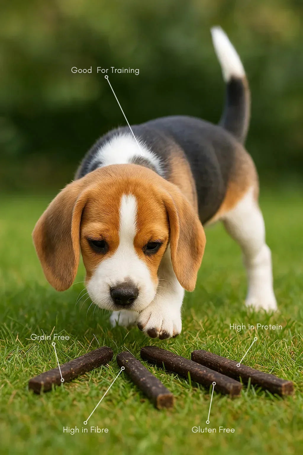 Beagle puppy sniffs natural ham and cheese meaty sticks dog treats on grass, labeled as grain free, high in protein, gluten free, high in fibre, good for training.