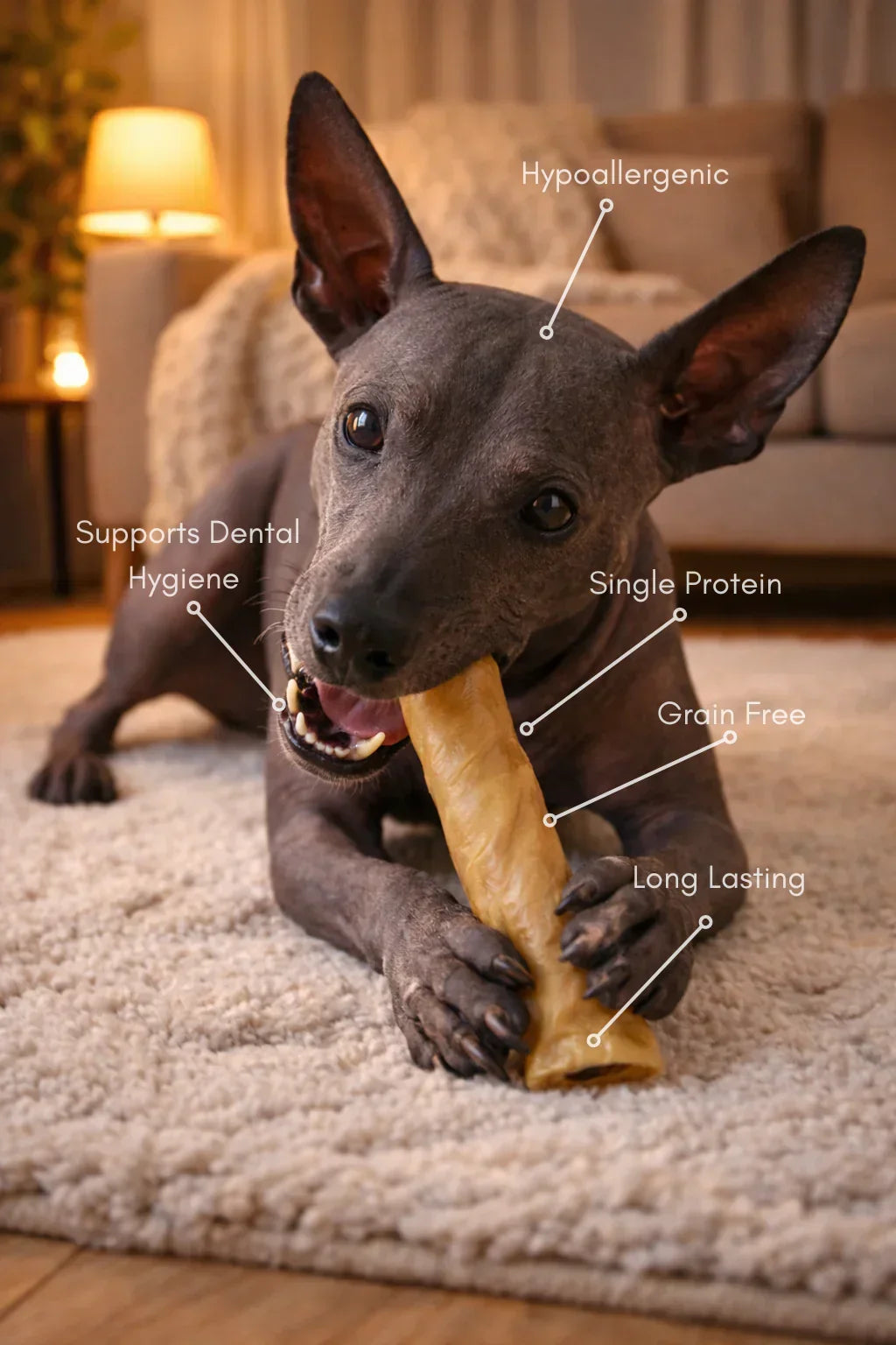 Dog chewing jumbo buffalo roll treat on carpet, highlighting dental hygiene, hypoallergenic, grain free, long lasting, single protein benefits.