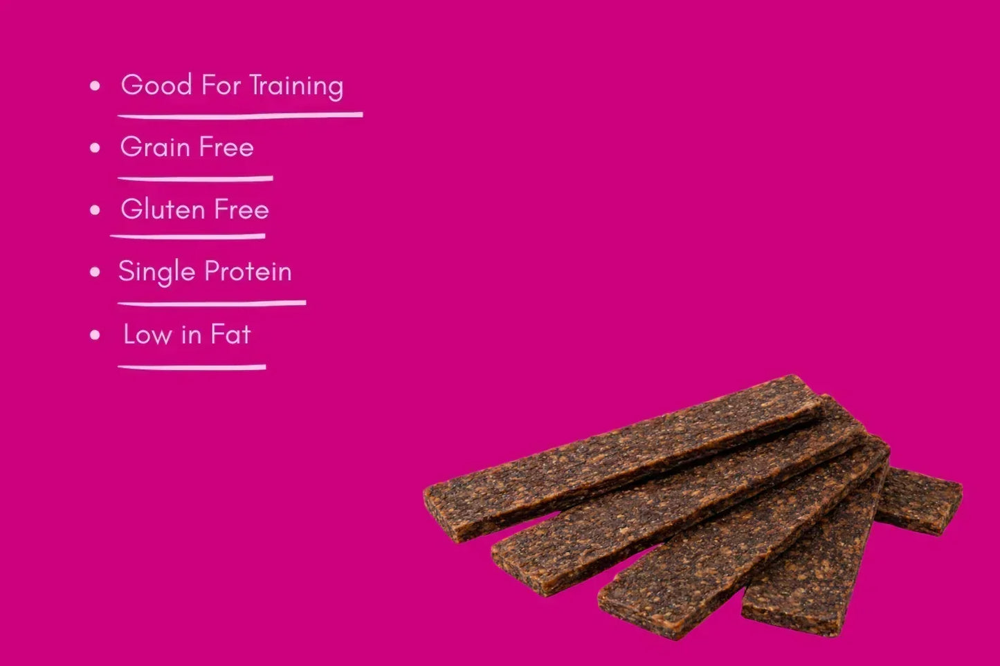 Venison strips dog treats, grain free, gluten free, low fat, House Of PDB, magenta background